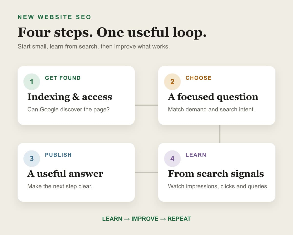 Four-step new website SEO path: indexing, choosing a focused question, publishing a useful answer, and learning from search signals.